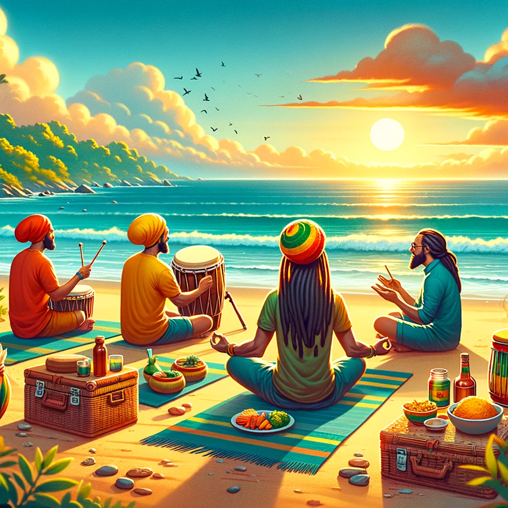 Rastafarians enjoying a peaceful day by the ocean, meditating, drumming, and sharing an Ital picnic, with the vibrant ocean and a beautiful sunset in the background.