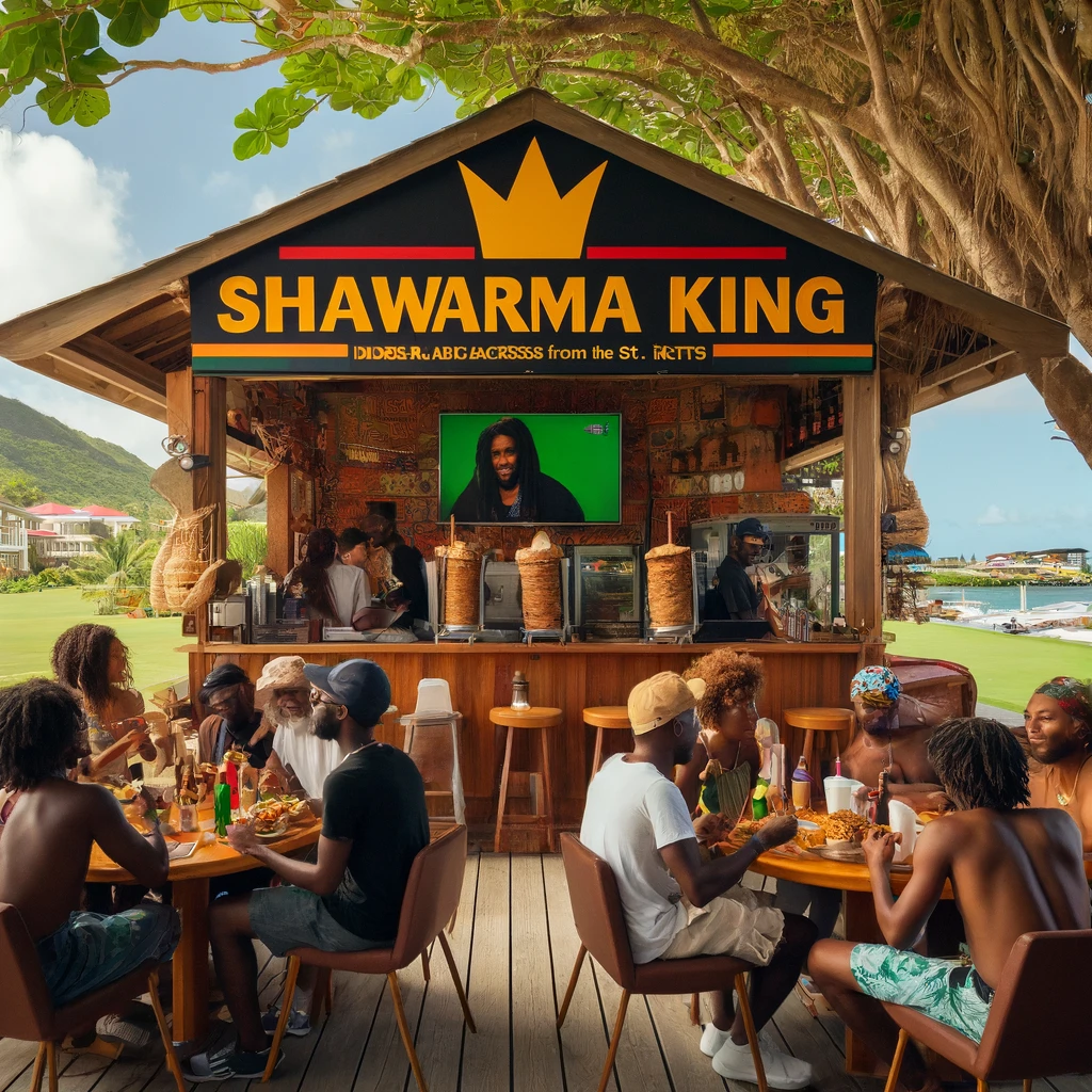 Shawarma King in Frigate Bay, St. Kitts, set in the trees across from the St. Kitts golf course. Outdoor dining with a big screen TV, diverse patrons enjoying their meals, and a slight Rastafarian feel with vibrant colors and decor.