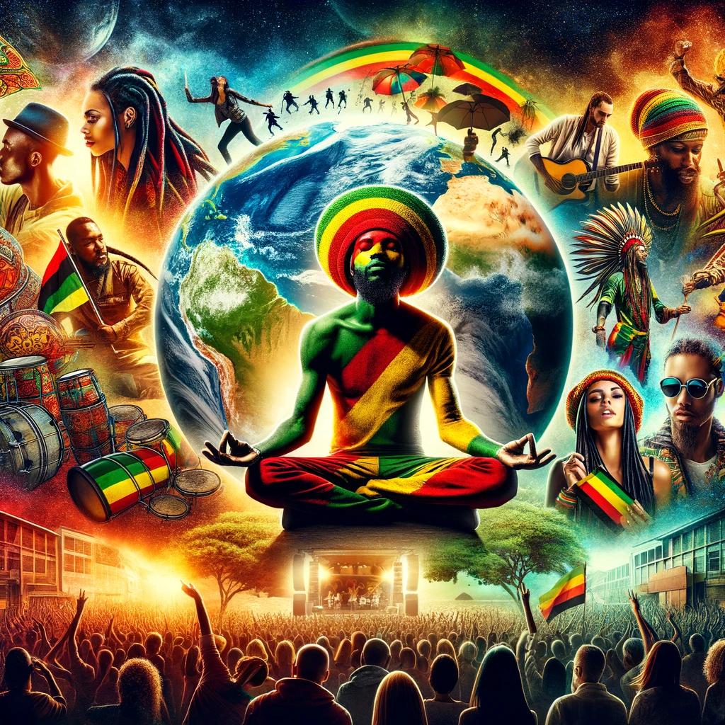 Montage of Rastafari global influence with a reggae concert, a meditating Rasta, fashion elements, and a diverse peace protest, set against a backdrop of Earth from space.