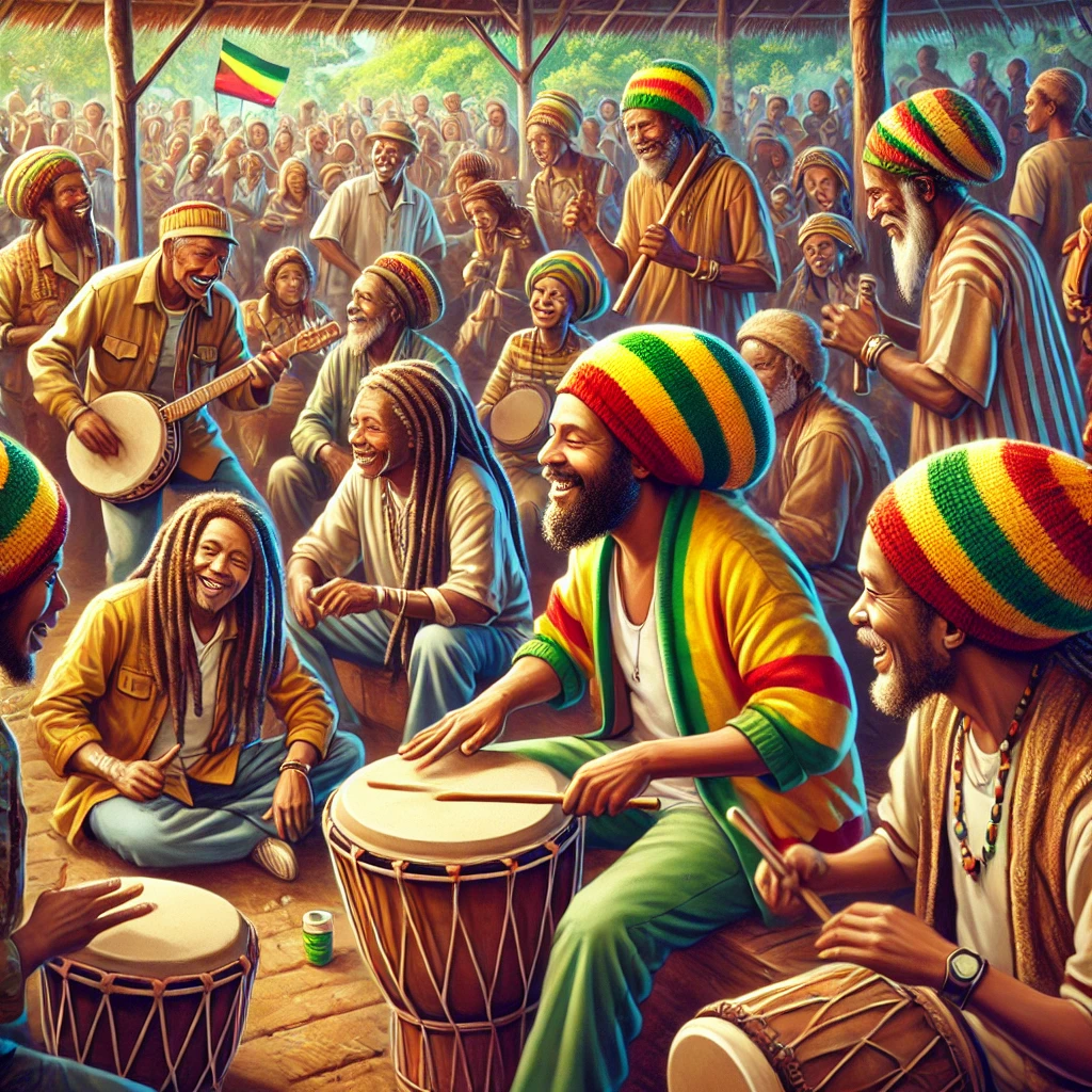 Rastafarian community enjoying reggae music with Nyabinghi drumming and dancing.