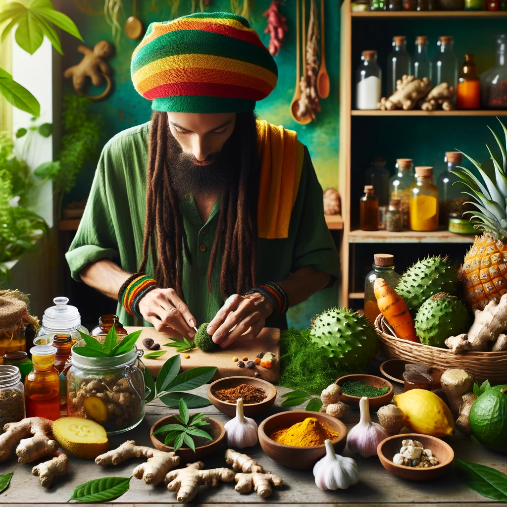 Rastafarian preparing natural remedies in a vibrant kitchen, surrounded by soursop, sea moss, ginger, turmeric, garlic, and neem, capturing the essence of Rastafari alternative medicine.