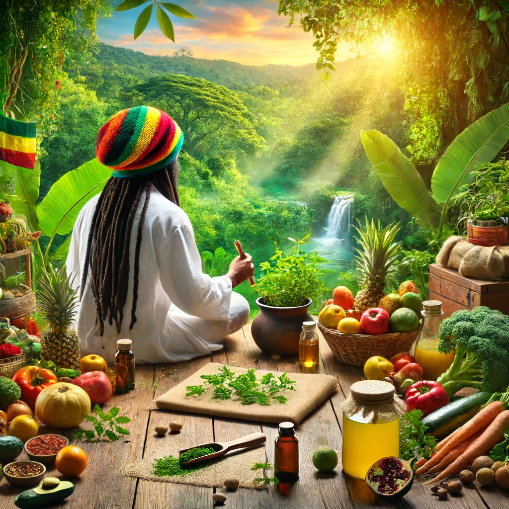 Rastafarian preparing natural remedies in a vibrant setting, surrounded by fresh herbs, fruits, and vegetables, with a serene, nature-filled backdrop.