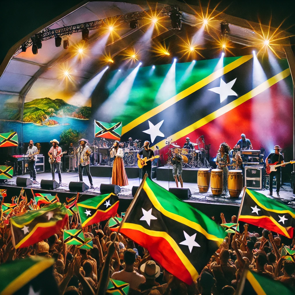 Opening night at the St. Kitts Music Festival with vibrant performances and waving Kittitian flags.