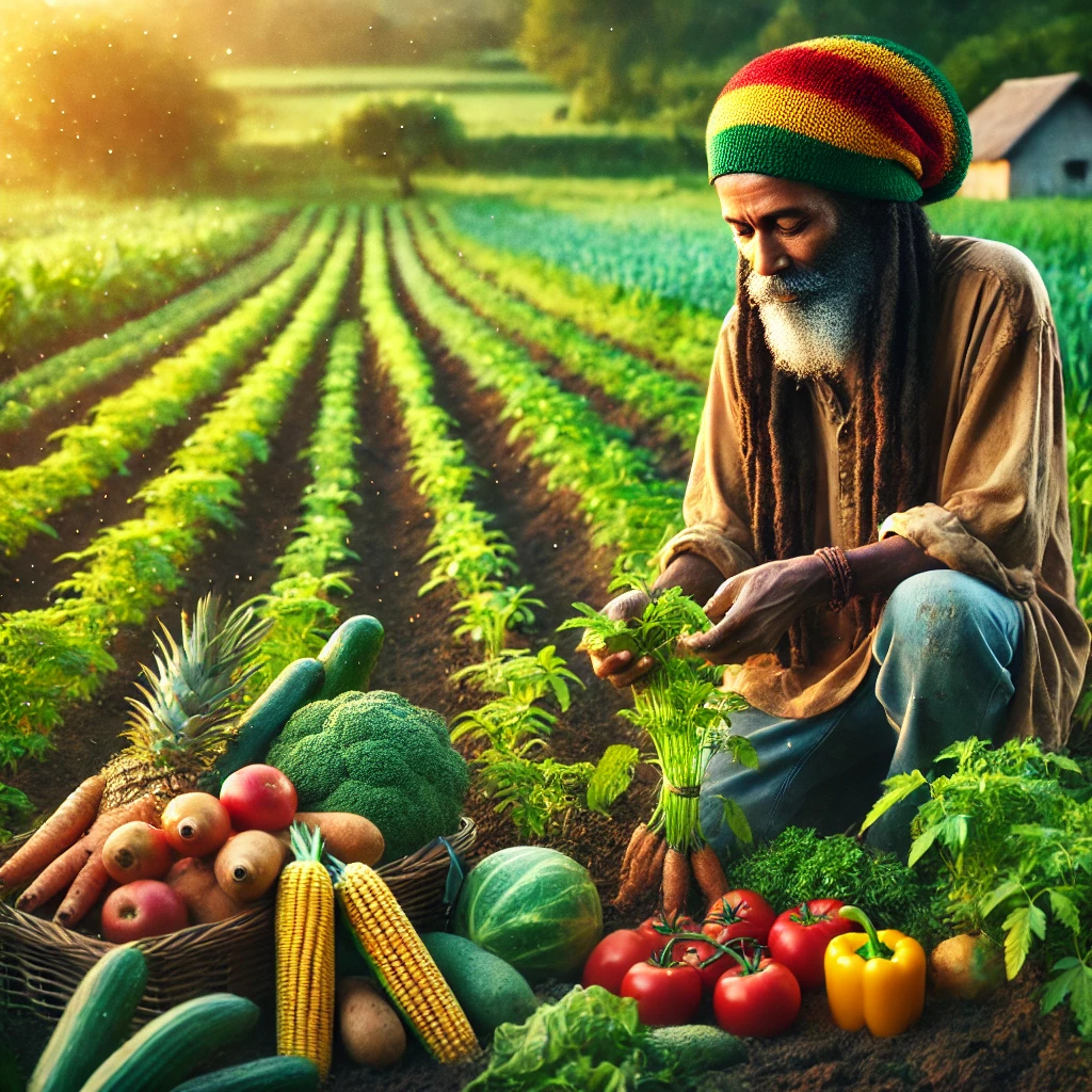 Rastafarian farmer tending to his crops in a lush, green field