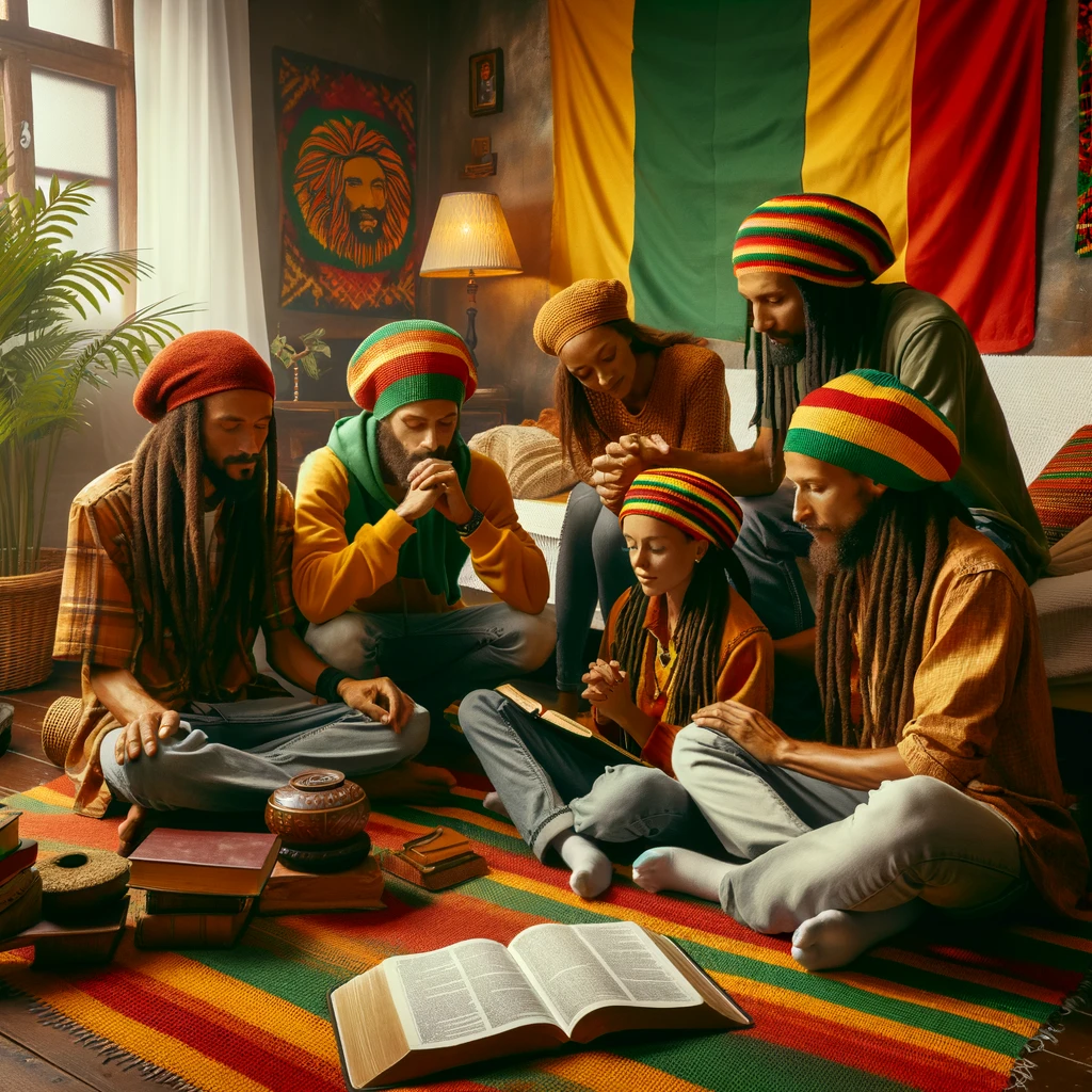 Rastafarian family gathered in a cozy home, engaging in spiritual practices like prayer and Bible reading, with vibrant Rasta colors and a warm, loving atmosphere.