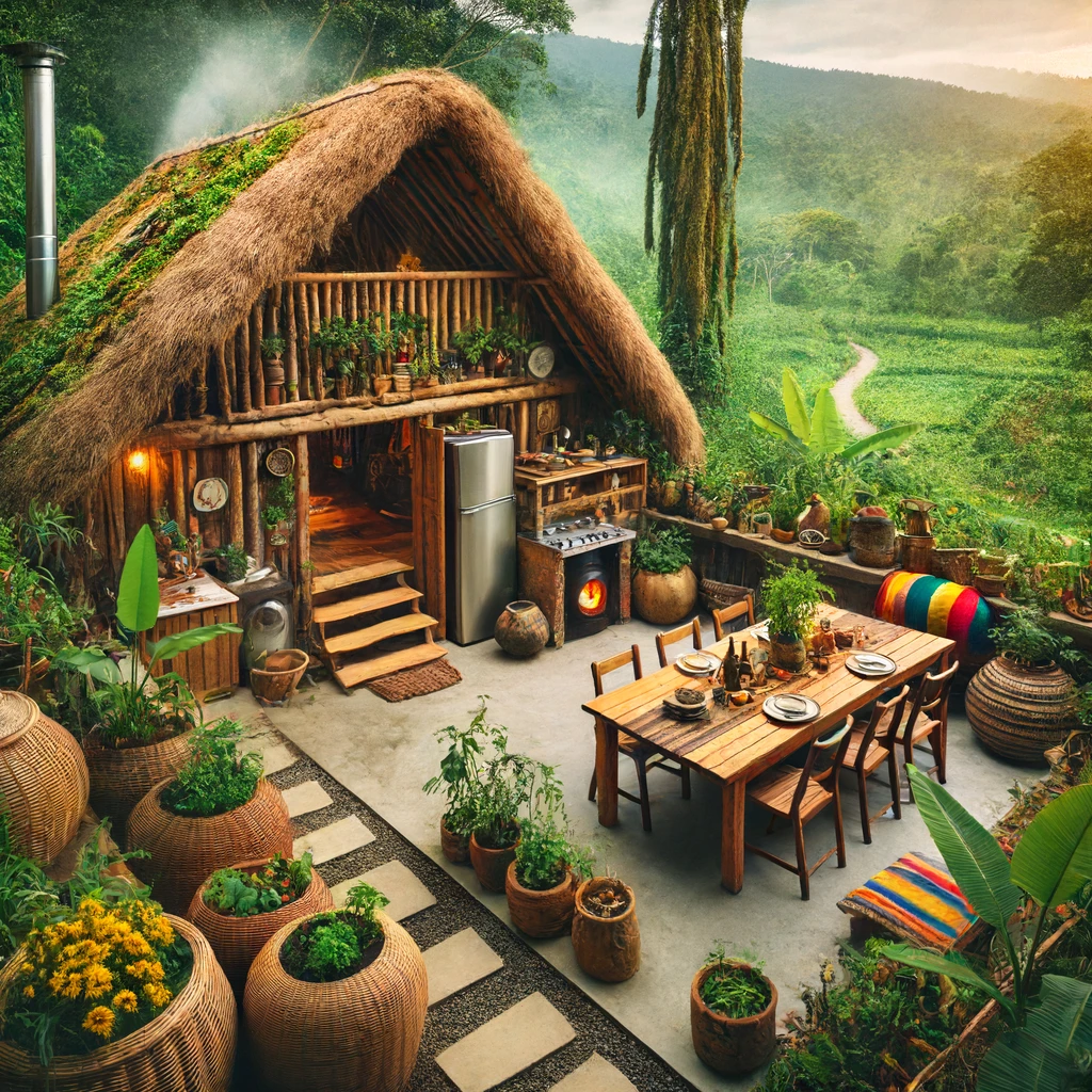 Rastafarian home built with natural materials, featuring an organic garden, Ital kitchen, and communal spaces, set against a lush, natural backdrop