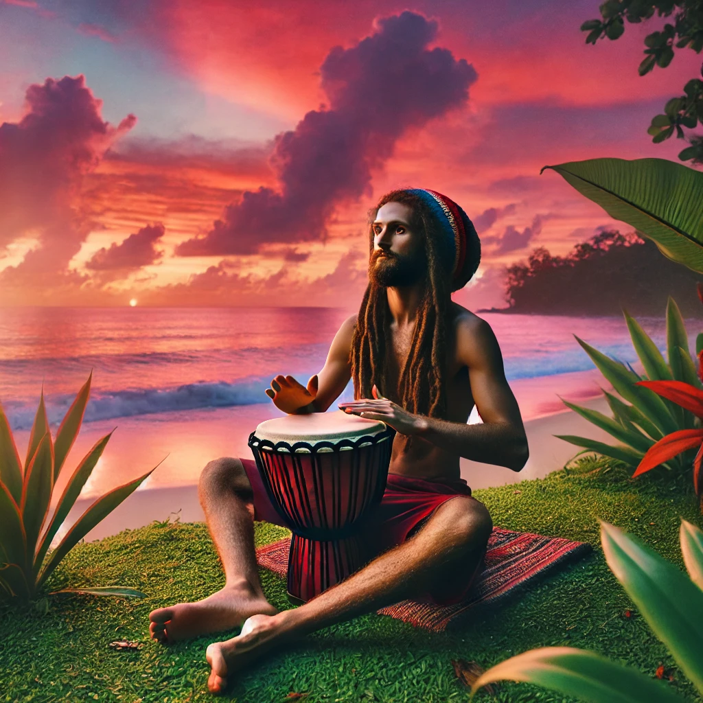 Peaceful Rastafarian man drumming on the beach at sunset