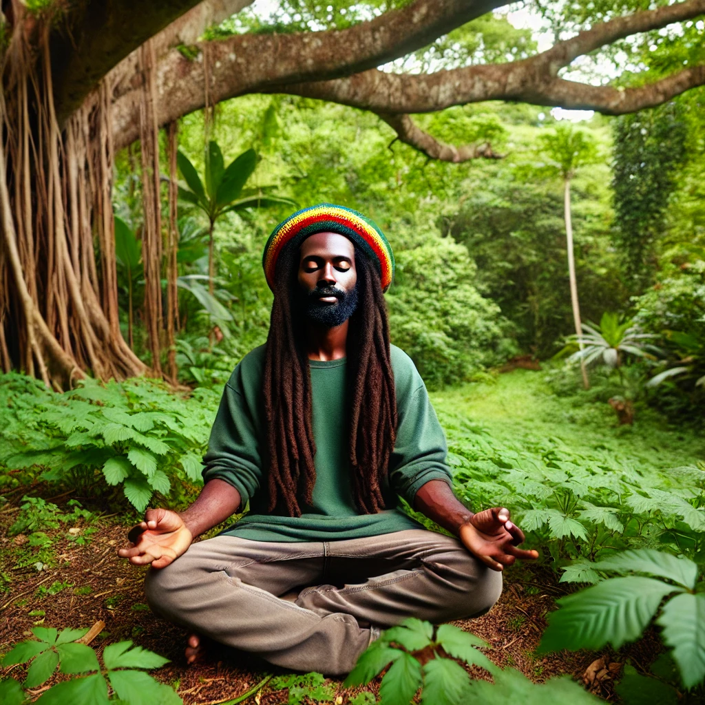 Rastafarian meditating in nature, surrounded by lush greenery