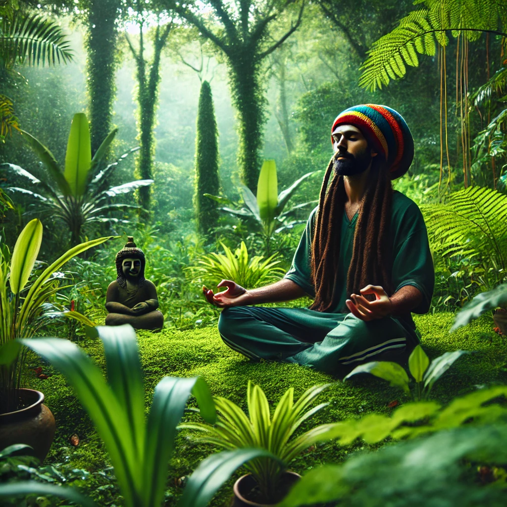 Rastafarian meditating in nature, surrounded by greenery, with a serene expression