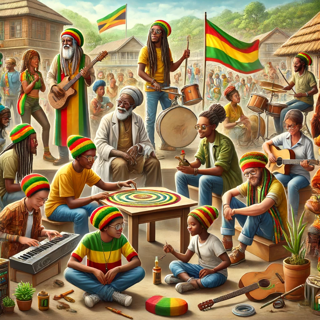 Rastafarian youth engaged in learning from elders, participating in community events, creating music and art, and practicing spiritual rituals, set against a backdrop of a vibrant community.