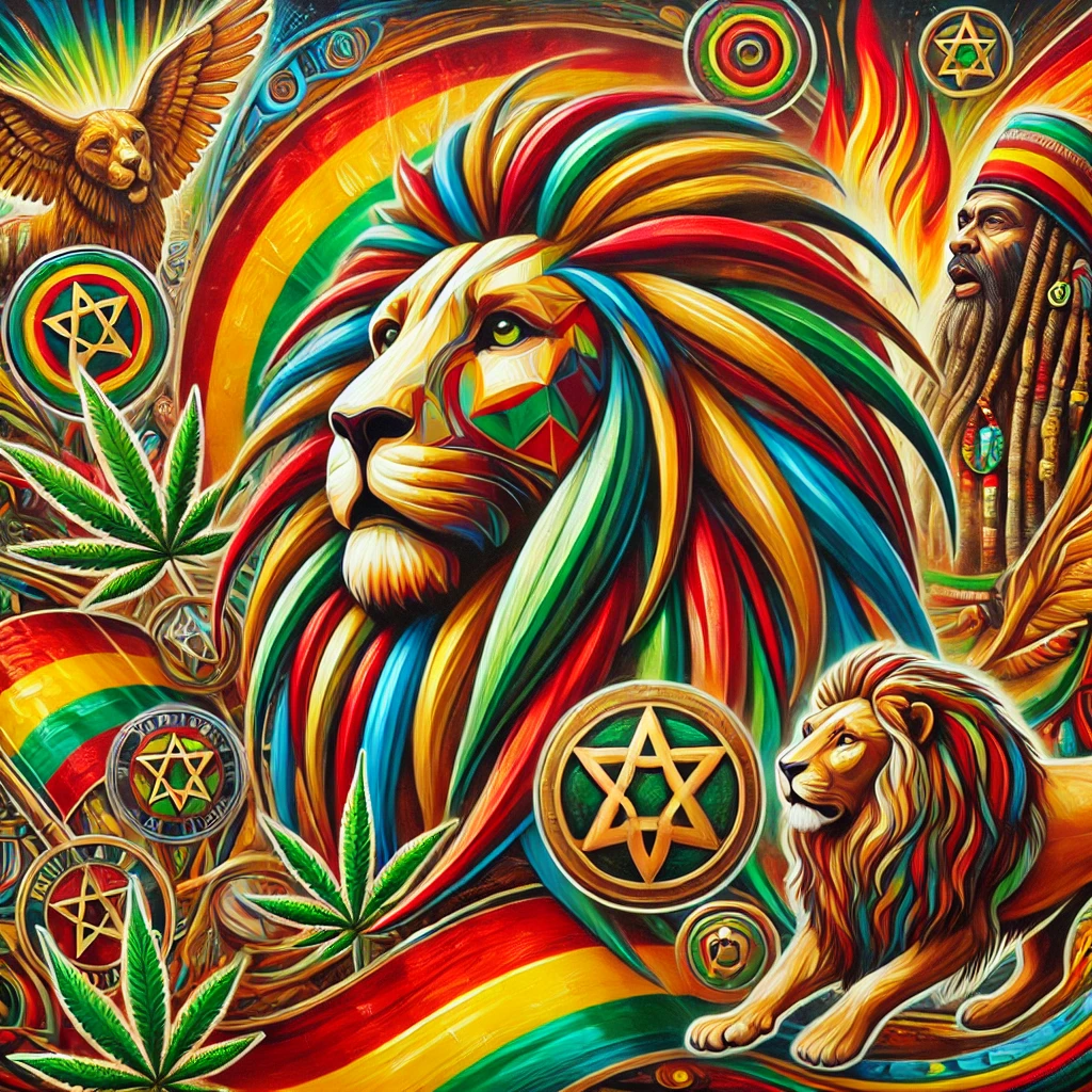 Vibrant Rastafarian art with symbols like the Lion of Judah, red, gold, and green colors, and themes of spirituality and liberation.