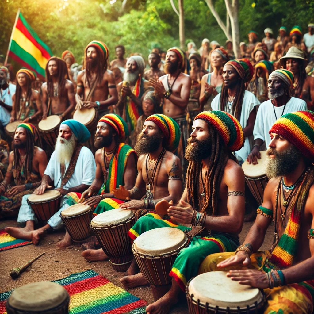 Rastafarian community gathered for a Nyabinghi chanting ceremony, drumming and singing together.