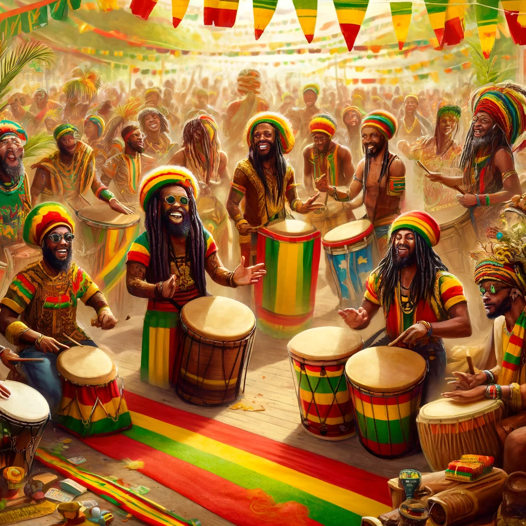 Vibrant Rastafari festival with people drumming, chanting, and dancing, adorned in traditional attire, surrounded by colorful decorations and a joyful atmosphere.