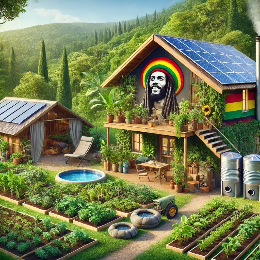 A self-sufficient Rastafarian homestead with solar panels, organic gardens, and eco-friendly home in a natural setting.