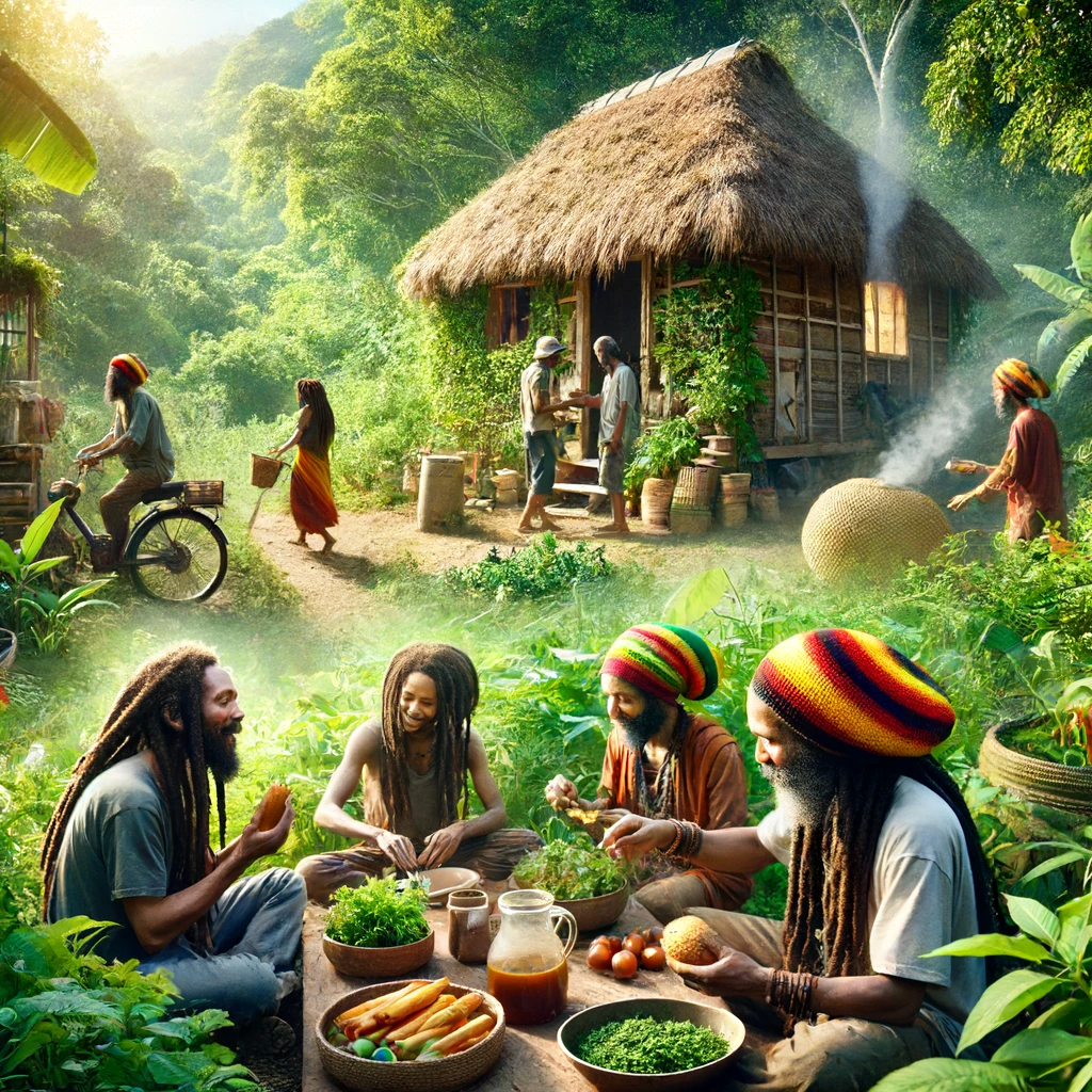 Rastafarian community engaged in sustainable practices: gardening, building with natural materials, and sharing a meal in a lush, green environment.