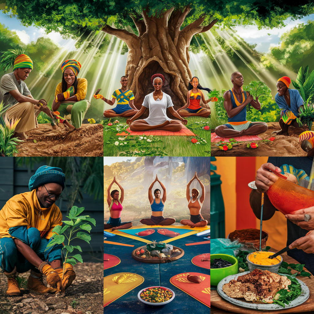 Rastafarians engaging in activities that embody livity: gardening, meditating, practicing yoga, and sharing an Ital meal, set against a backdrop of lush nature.