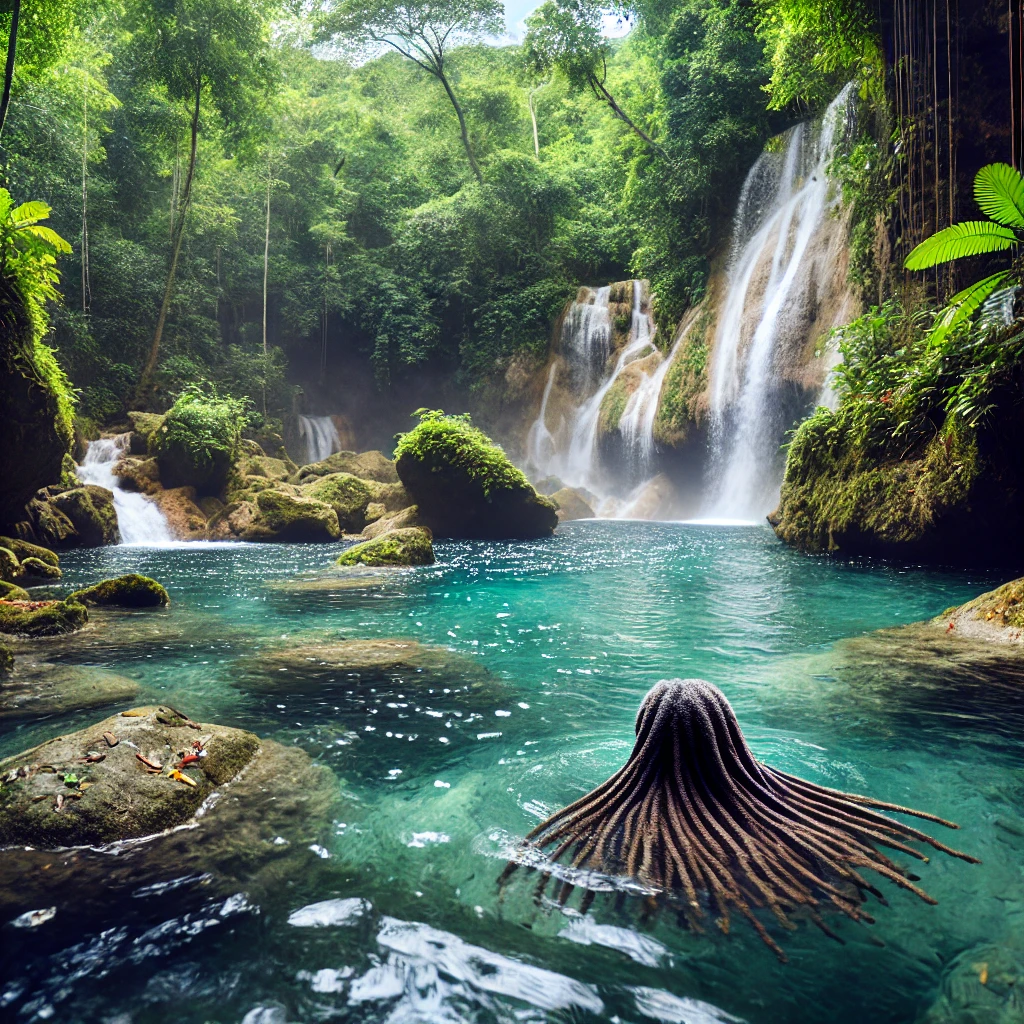 A Rastaman exploring the hidden waterfalls of Jamaica, swimming in crystal-clear pools, and enjoying the natural beauty.