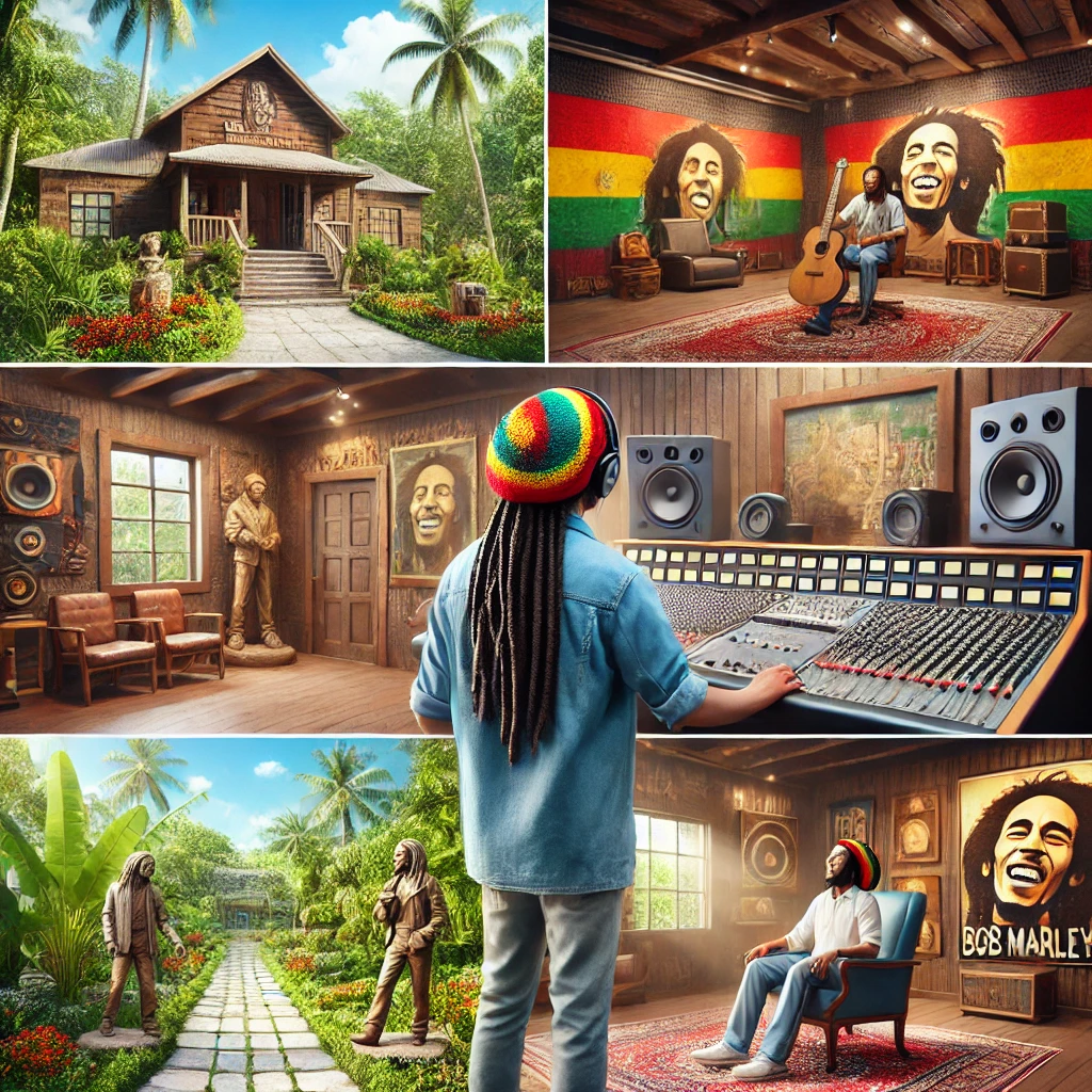 A Rastaman visiting the Bob Marley Museum in Kingston, exploring the historical artifacts, recording studio, and beautiful gardens.