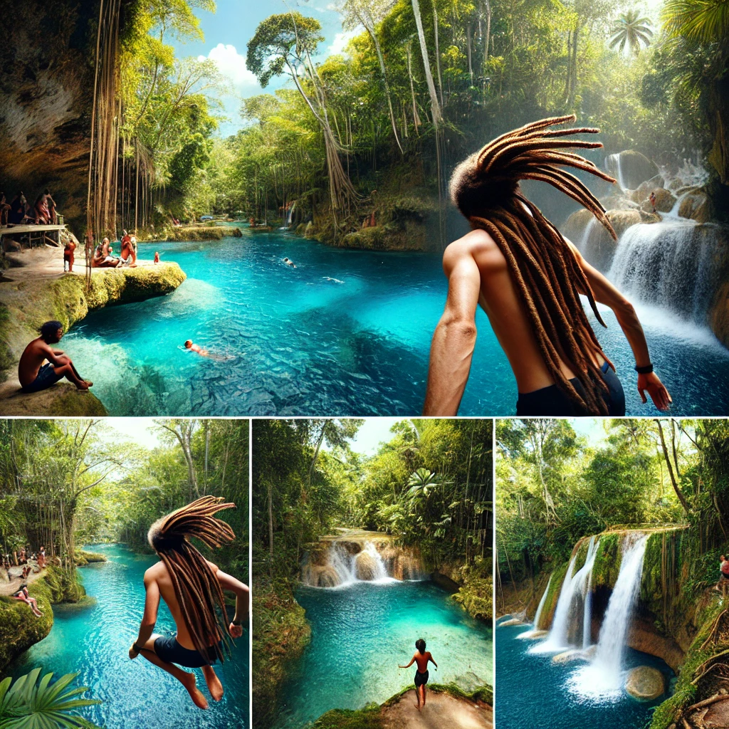 A Rastaman exploring the Blue Hole in Ocho Rios, swimming in crystal-clear pools, cliff jumping, and climbing waterfalls surrounded by lush greenery.