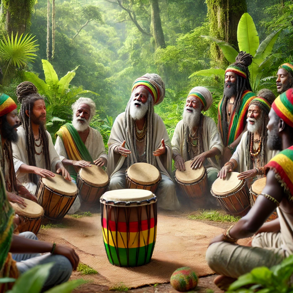 Rasta elders sharing wisdom in a Nyabinghi circle with chanting, drumming, and spiritual energy.