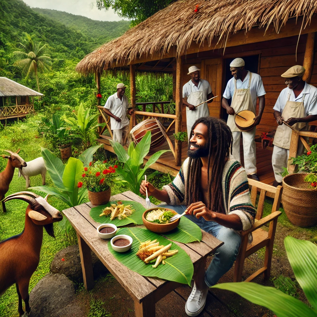 A Rastaman enjoying the beauty and farm-fresh meals at Liamuiga Natural Farms in St. Kitts, surrounded by lush greenery and friendly locals.