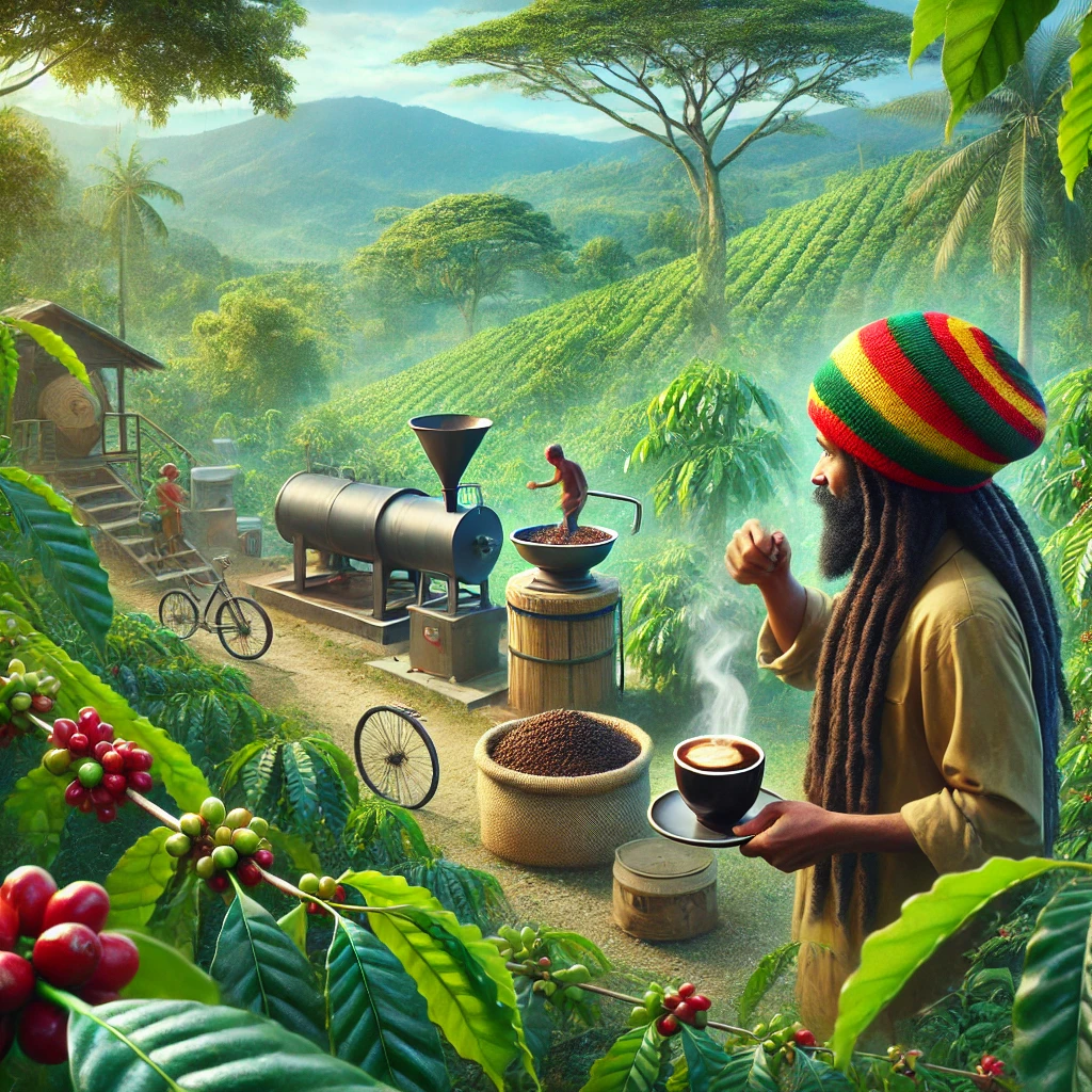 A Rastaman exploring a Jamaican coffee plantation, learning about coffee cultivation, and tasting freshly brewed Blue Mountain coffee.