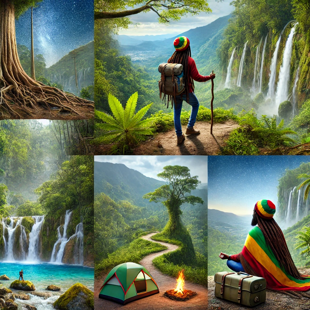 A Rastaman exploring the lush and scenic Mystic Mountains of Jamaica, with waterfalls, ancient trees, and a breathtaking view from the peak.