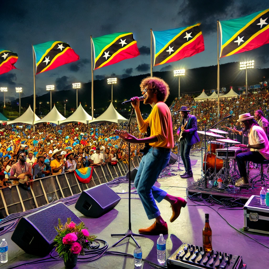Final night at the St. Kitts Music Festival with vibrant performances and St. Kitts flags waving.