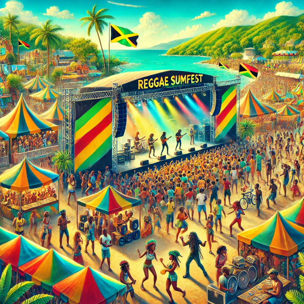 A vibrant scene from Reggae Sumfest in Montego Bay, with lively performances, colorful stalls, and a joyful crowd.