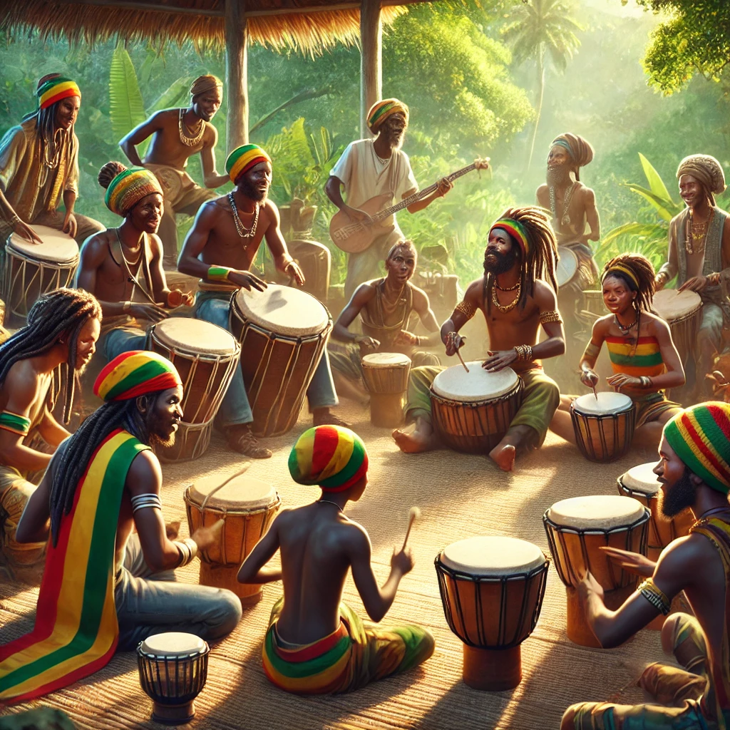 Rastafarians engaged in Nyabinghi drumming, with traditional drums and a vibrant community setting.