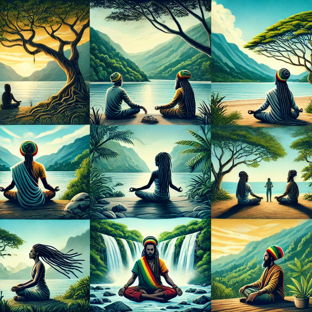 Rastafarians meditating in a serene natural setting, connecting with Jah and finding inner peace.