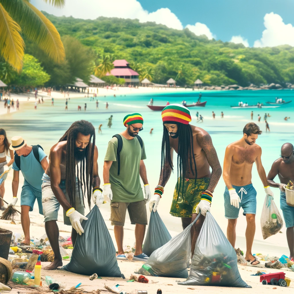 Rastafarians participating in a beach cleanup, emphasizing the importance of not littering and protecting the environment.