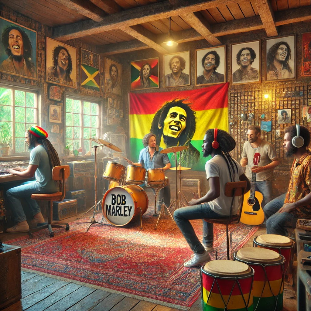 Inside Tuff Gong Studio, musicians recording reggae music with vibrant Rasta vibes