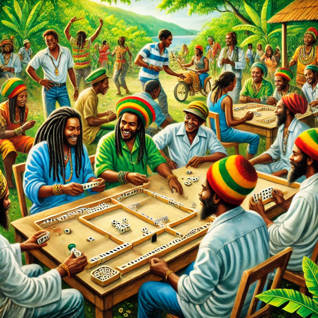 Rastafarians playing Warri, dominoes, and other traditional games in a lively community setting.