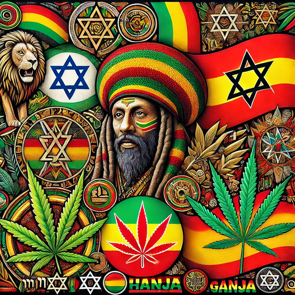 Rastafarian art featuring vibrant colors, iconic symbols like the Lion of Judah, and themes of spirituality, liberation, and connection to nature.