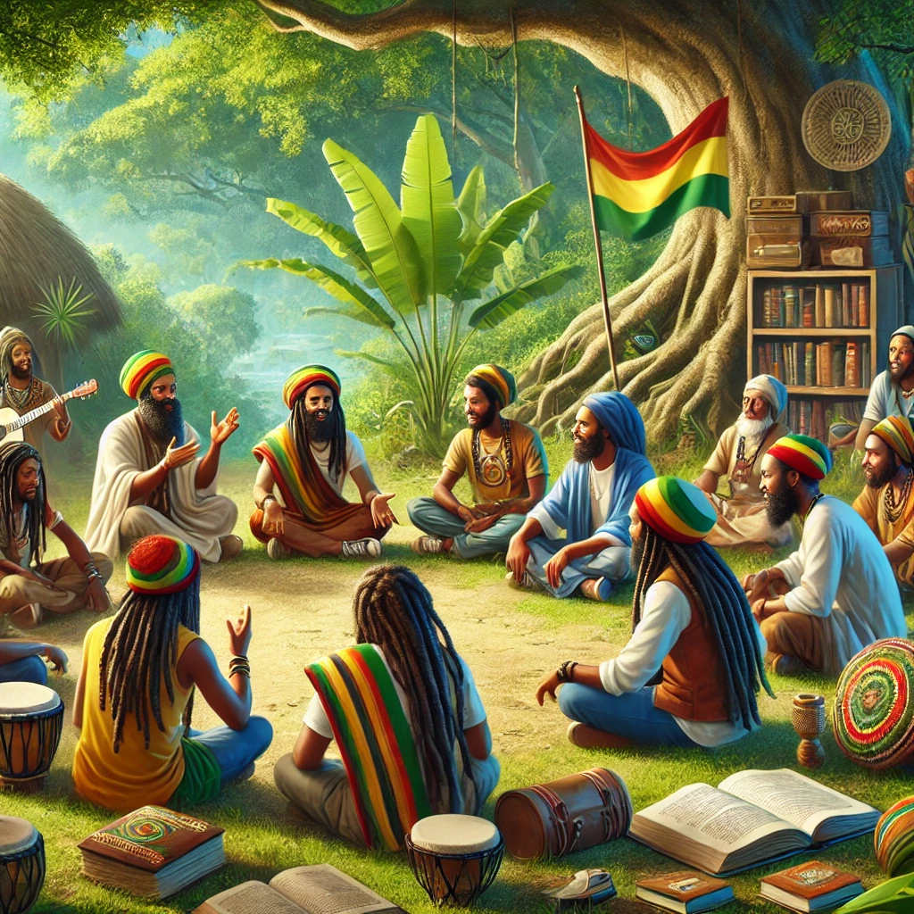 Rastafarians engaging in a reasoning session, discussing spiritual teachings and practical knowledge.