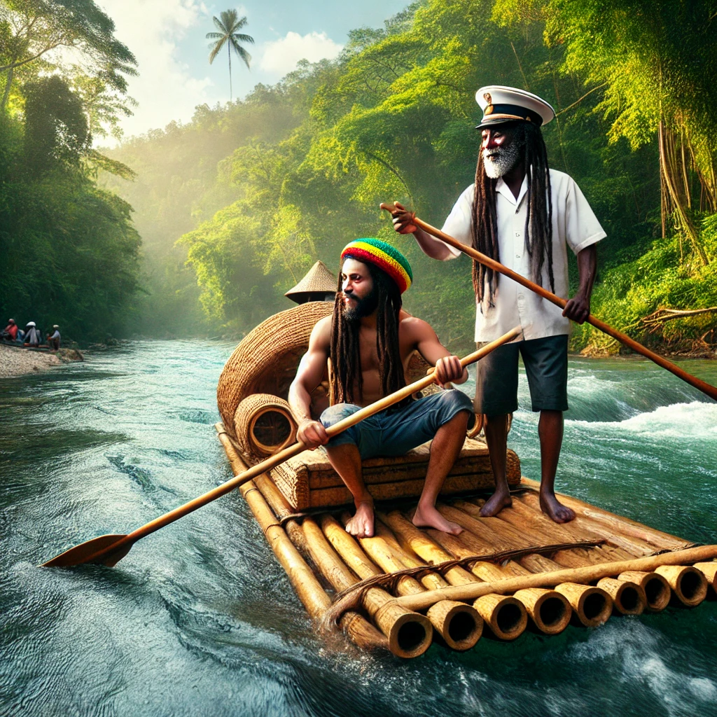 A Rastaman enjoying bamboo rafting on the Rio Grande in Jamaica, surrounded by lush greenery and calm waters.