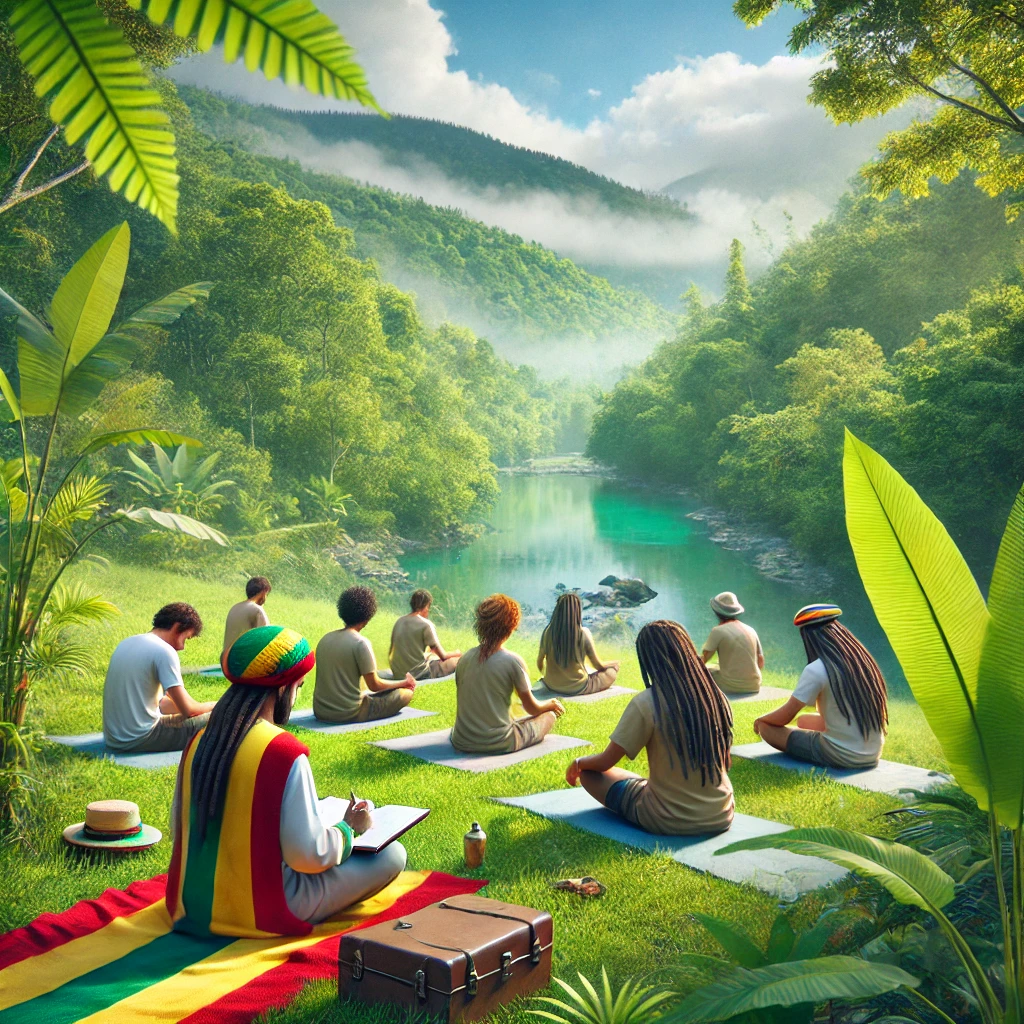 Rastafarians practicing gratitude, journaling, meditating, and expressing appreciation to others in a serene, natural setting.