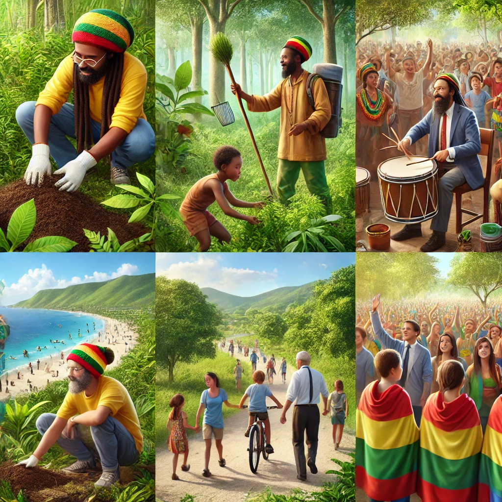 Rastafarians and community members working together on various community projects, including gardening, education, and environmental conservation.