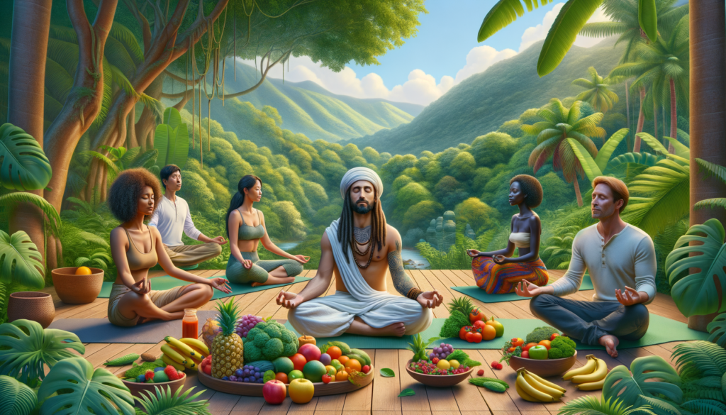 Rastafarians practicing Ital living, meditating, and connecting with nature, emphasizing a balanced and fulfilling lifestyle.