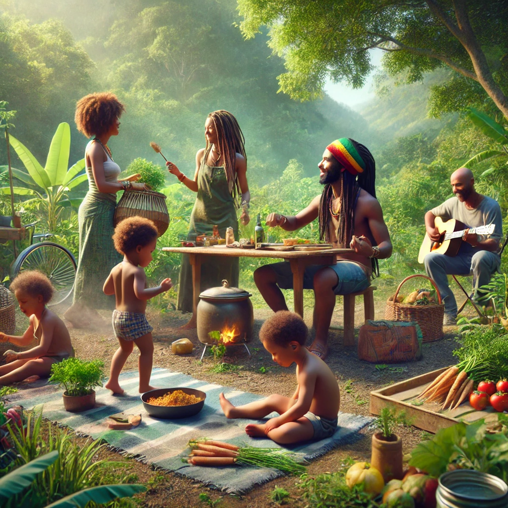 Rasta family enjoying nature, sharing Ital food, and celebrating creativity, embodying the principles of Rasta parenting.