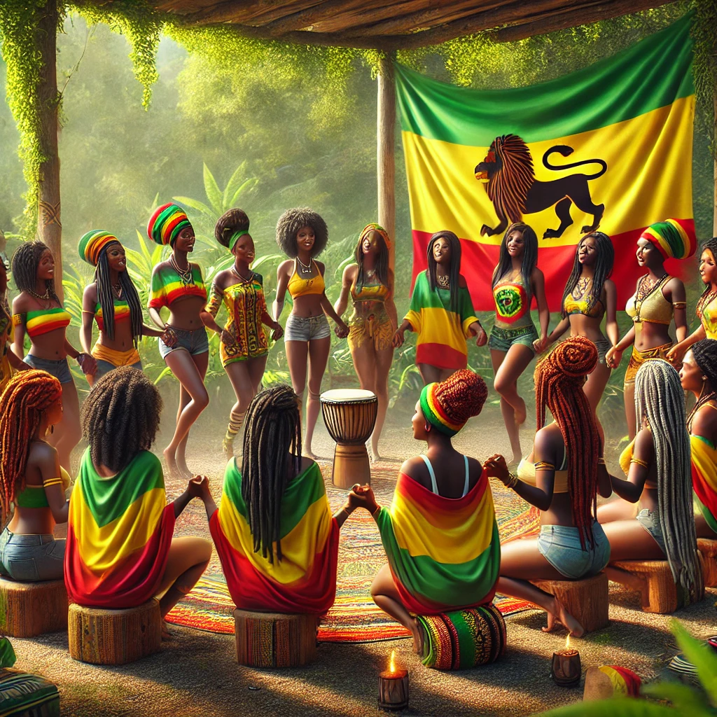 Rasta women gathered inna circle, celebratin’ unity an’ strength with vibrant colors an’ symbols of Rastafari.