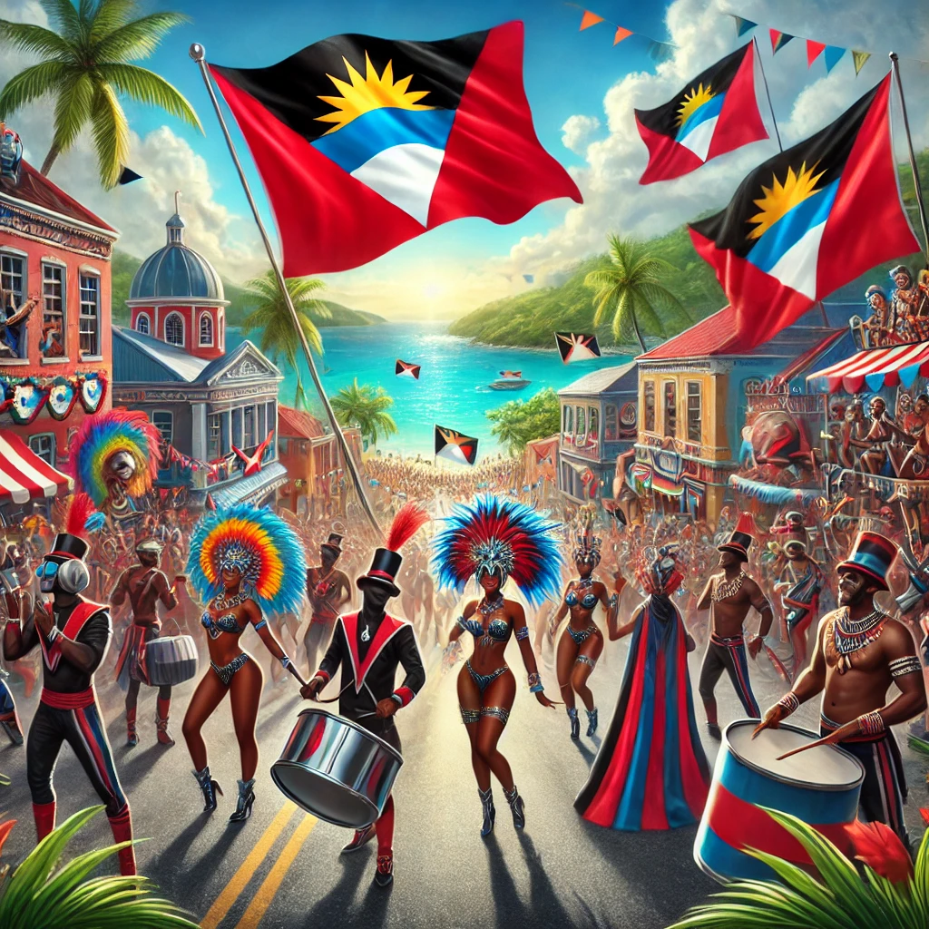 Vibrant scene of Antigua Carnival 2024 with colorful costumes, music bands, and joyful revelers celebrating in the streets.