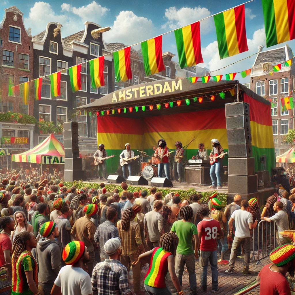 Lively scene at a Rasta reggae festival in Amsterdam, featuring musicians on stage, colorful flags, and a diverse crowd celebrating the spirit of Rastafari.