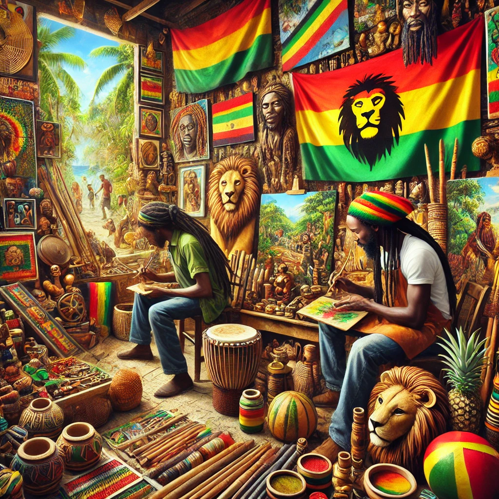 Vibrant Rasta art and craft with paintings, sculptures, and textiles reflecting the spirit of Rastafari.