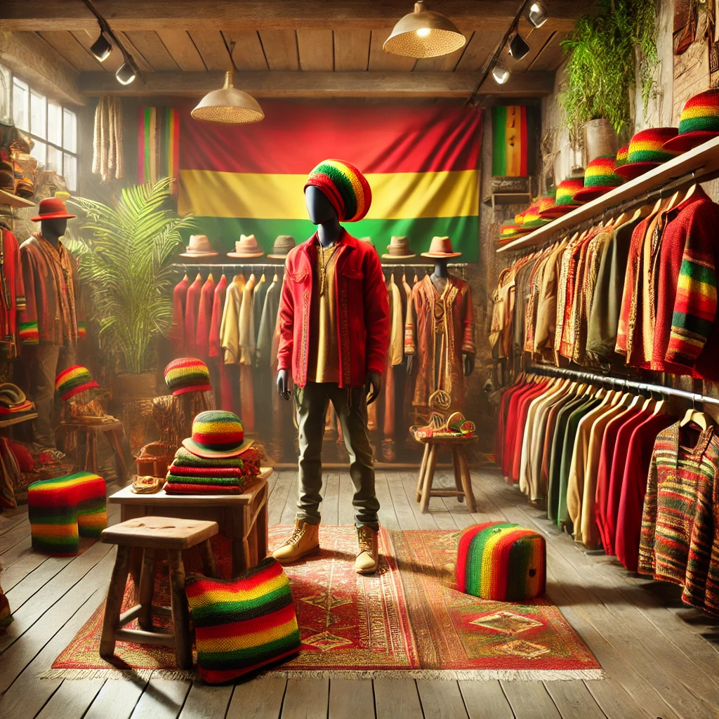 Rasta-inspired fashion displayed on clothing racks, featuring vibrant colors, symbols, and accessories reflecting the spirit of Rastafari.