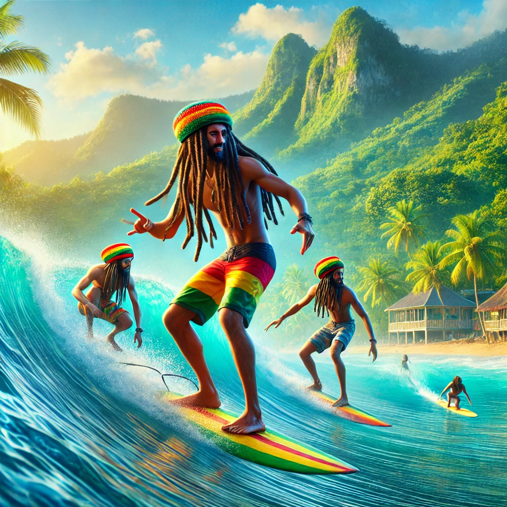 Rasta surfers riding the waves, embracing the spirit of Rastafari and the natural rhythm of life.