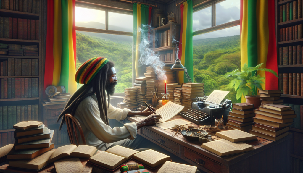 Rasta writer surrounded by books and vibrant scenery, capturing the essence of Rasta literature and its powerful stories and teachings.