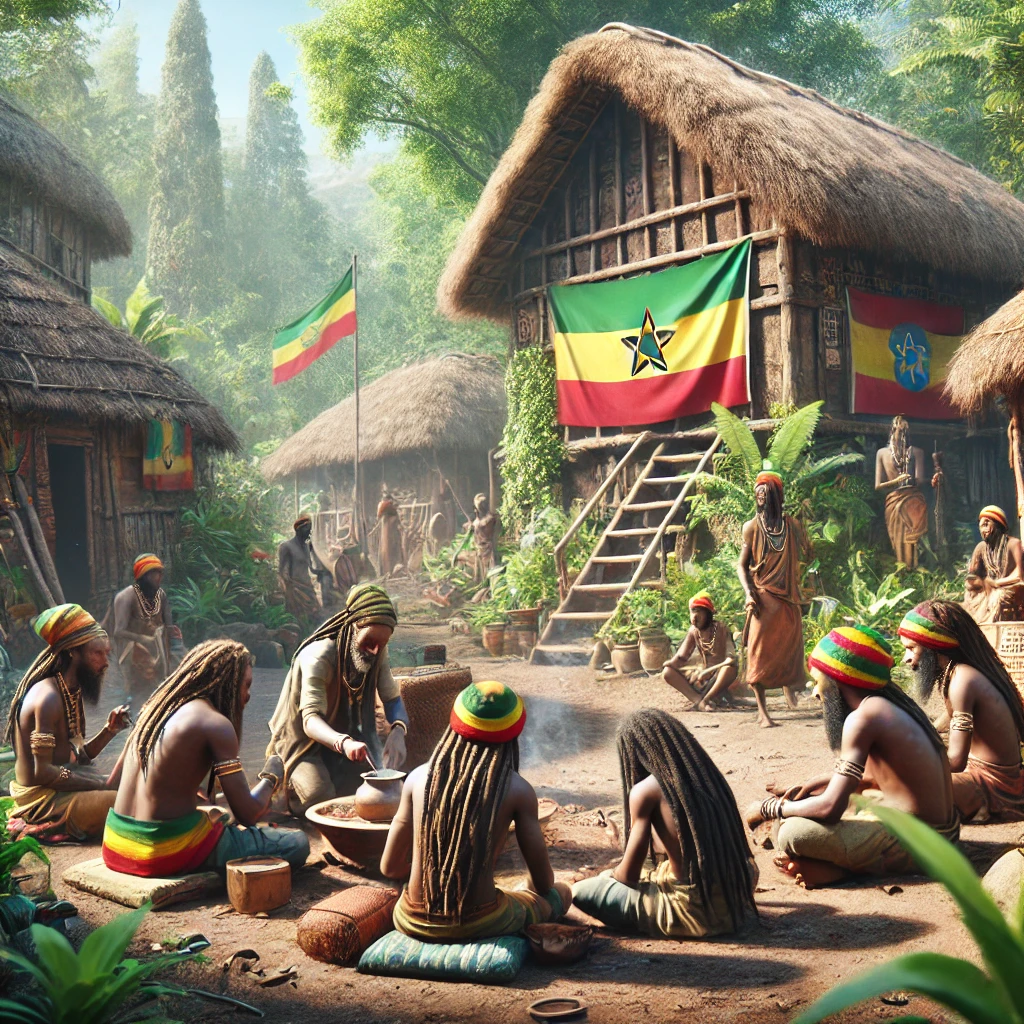 Rasta community in Shashamane, Ethiopia, engaged in cultural and spiritual activities, symbolizing the connection between Rastafari and Africa.