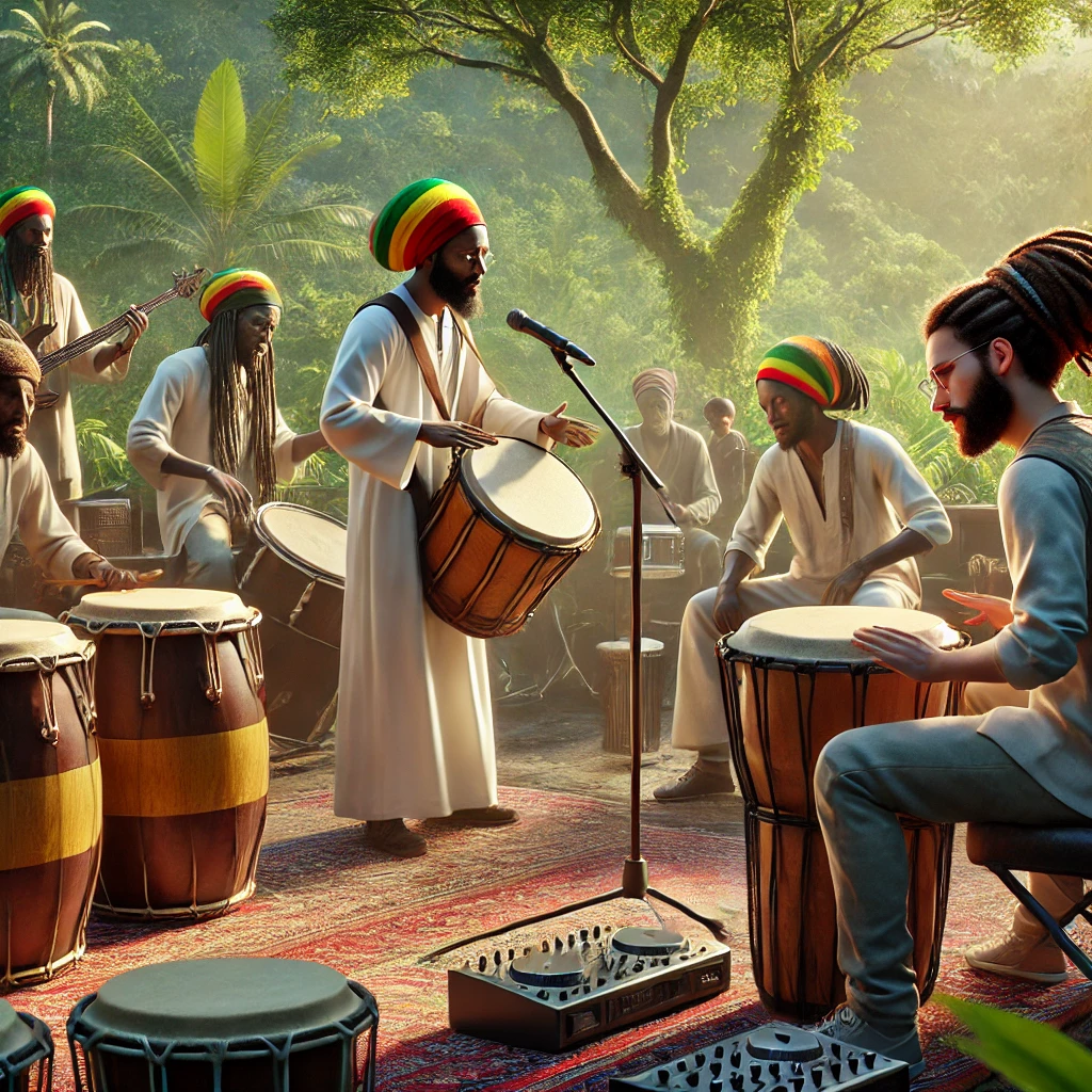 Rasta musicians playing Nyabinghi drums and a poet performing dub poetry, capturing the essence of Rasta music beyond reggae.